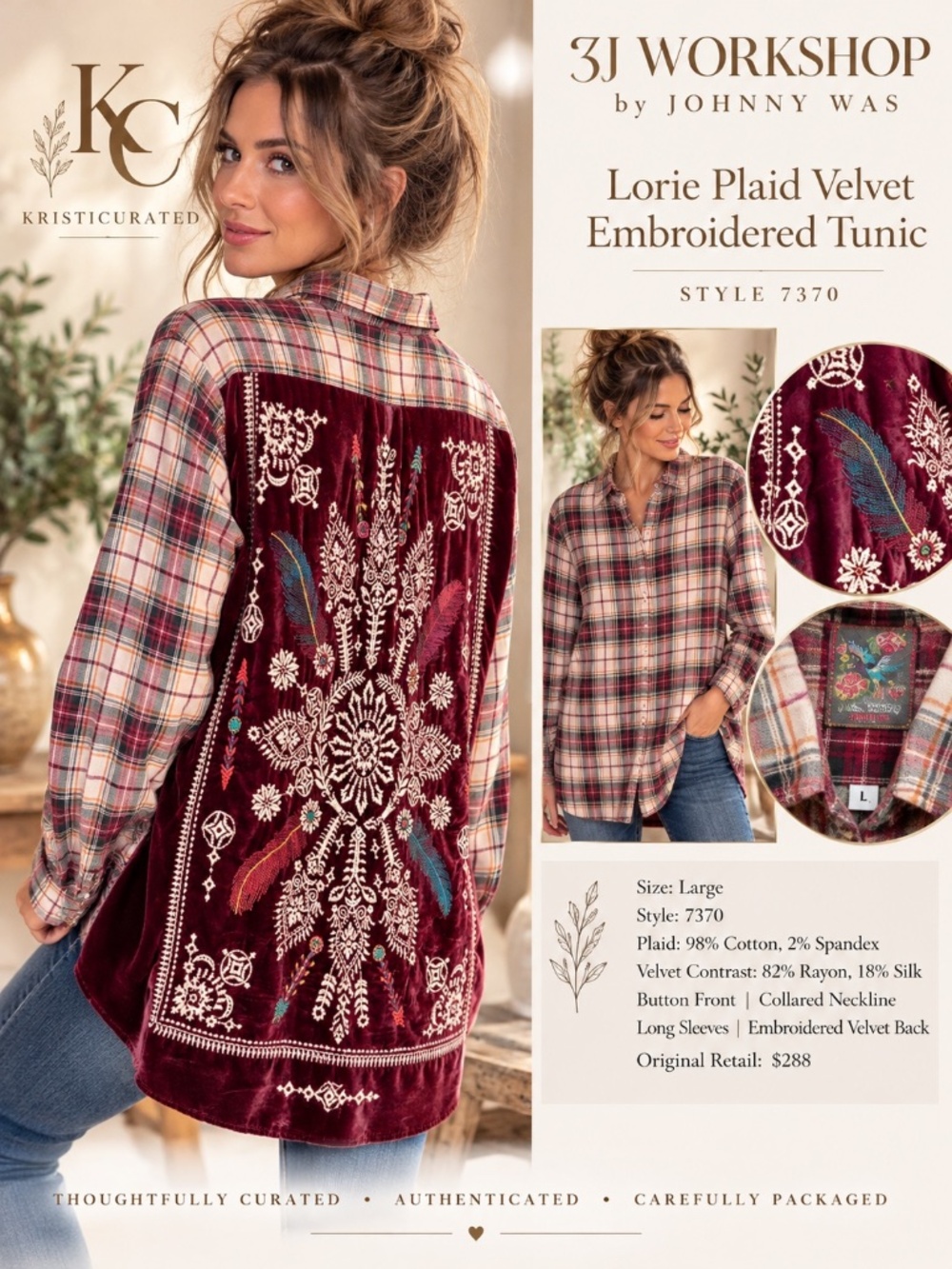 Johnny Was 3J Workshop Lorie Plaid Velvet Embroidered Tunic L